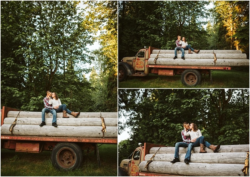 Premier snohomish & seattle wedding photographer | gsquared weddings photography a couple sits on large logs loaded on an old red truck surrounded by lush green trees in snohomish sharing affectionate moments togetherperfect for a seattle wedding engagement session captured from three different angles | serving snohomish seattle                   & beyond