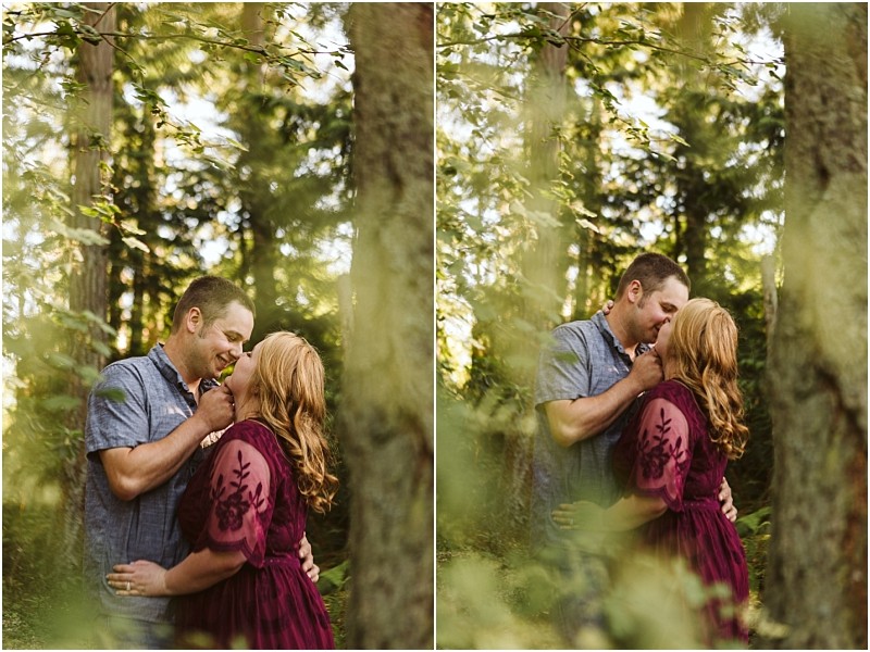 Premier snohomish & seattle wedding photographer | gsquared weddings photography a couple stands in a sunlit forest near snohomish surrounded by trees The man in a blue shirt gently holds and kisses the woman in a burgundy dress The image is split into two similar seattle engagement photos | serving snohomish seattle                   & beyond
