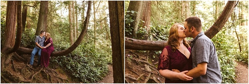 Premier snohomish & seattle wedding photographer | gsquared weddings photography a couple shares a kiss among the tall trees and lush greenerya perfect snohomish seattle wedding engagement moment In one image they sit on a curved trunk in the other they stand close together still kissing | serving snohomish seattle                   & beyond