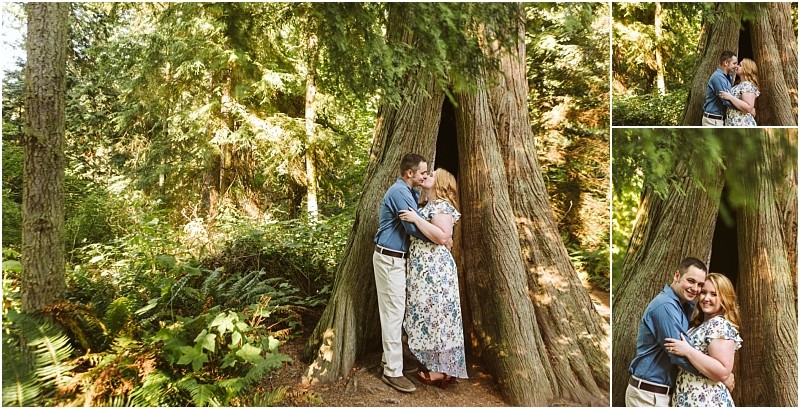 Premier snohomish & seattle wedding photographer | gsquared weddings photography a couple embraces and smiles in front of a large tree trunk in a lush snohomish forest with close up shots of their happy faces on the right Sunlight filters through the trees capturing their seattle wedding engagement joy | serving snohomish seattle                   & beyond