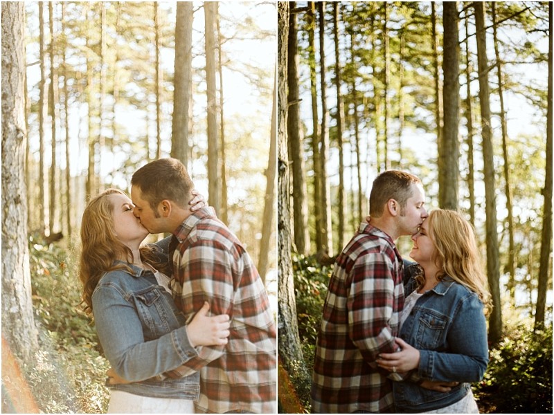 Premier snohomish & seattle wedding photographer | gsquared weddings photography two photos side by side of a couple in a sunlit snohomish forest In both the couple embraces on the left they kiss and on the right he kisses her forehead Both wear casual clothes including plaid and denim jacketsperfect seattle engagement vibes | serving snohomish seattle                   & beyond