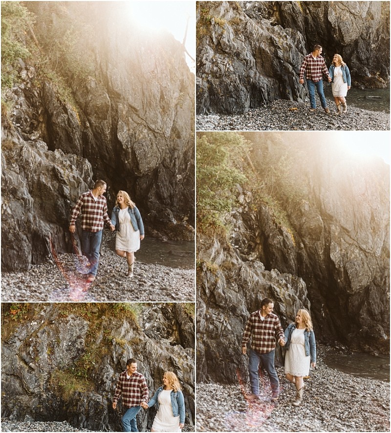 Premier snohomish & seattle wedding photographer | gsquared weddings photography a couple walks hand in hand along a rocky snohomish beach smiling and enjoying each others company with sunlight streaming through the rocks Four images capture their engagement with different poses by the cliffs | serving snohomish seattle                   & beyond