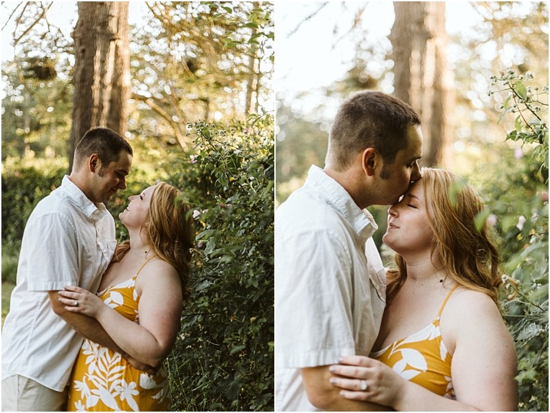 Premier snohomish & seattle wedding photographer | gsquared weddings photography side by side photos of a couple outdoors in lush greenery capture their snohomish seattle engagementfirst smiling at each other then sharing a peaceful forehead kiss as the woman closes her eyes | serving snohomish seattle                   & beyond