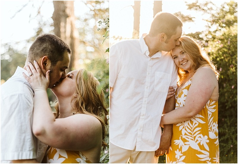 Premier snohomish & seattle wedding photographer | gsquared weddings photography a couple stands outdoors in sunlight for their snohomish seattle engagement they share a tender kiss in one photo and in the other he kisses her forehead as she smiles in a yellow floral dress while he wears a white shirt | serving snohomish seattle                   & beyond