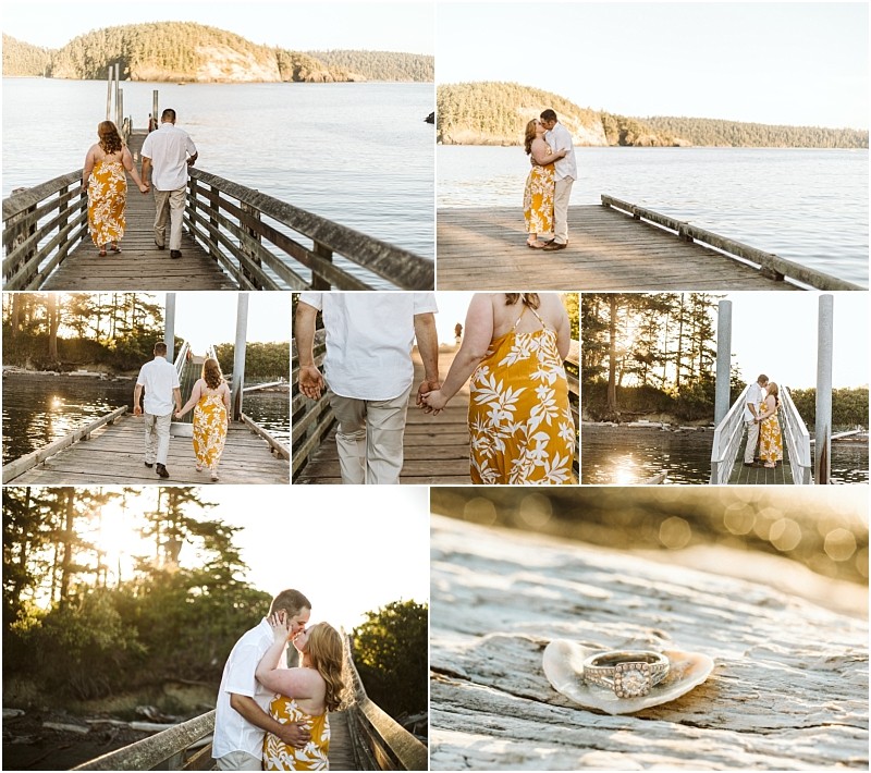 Premier snohomish & seattle wedding photographer | gsquared weddings photography a couple in summer clothes walks and embraces on a wooden dock by a lake near snohomish surrounded by trees and hills Close up of their hands and a shell holding wedding rings in golden sunlight captures a seattle engagement moment | serving snohomish seattle                   & beyond