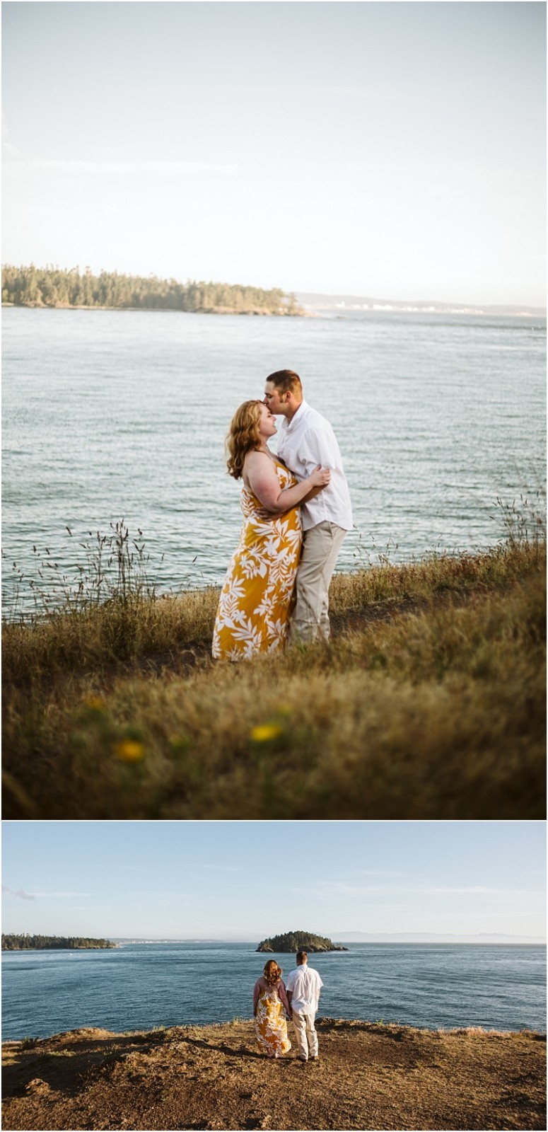 Premier snohomish & seattle wedding photographer | gsquared weddings photography a couple stands on a grassy cliff by the ocean in the top image they kiss and in the bottom image they hold hands while facing the watera romantic snohomish seattle wedding engagement under a clear sky with distant islands | serving snohomish seattle                   & beyond