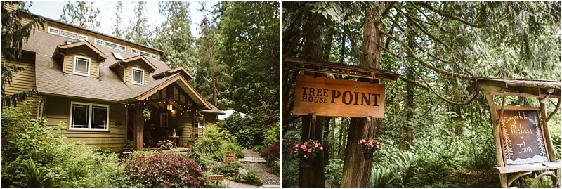 Premier Snohomish & Seattle Wedding Photographer | GSquared Weddings Photography A cozy wooden cabin surrounded by lush greenery on the left; on the right, wooden signs reading Tree House Point and Welcome stand among tall trees—an enchanting spot perfect for a Snohomish Seattle wedding engagement.                                   | Serving Snohomish, Seattle ,                  & Beyond