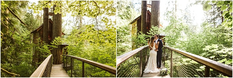 Premier snohomish & seattle wedding photographer | gsquared weddings photography a couple in wedding attire stands on a wooden bridge surrounded by lush green trees leading to a rustic treehousecapturing the magic of a snohomish seattle wedding nestled deep in the forest | serving snohomish seattle                   & beyond