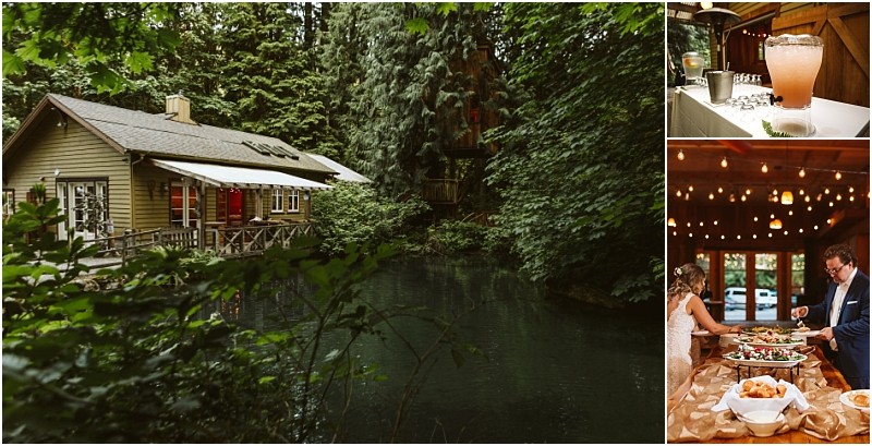 Premier snohomish & seattle wedding photographer | gsquared weddings photography a rustic cabin by a pond surrounded by lush treesperfect for a snohomish seattle wedding engagementwith smaller images showing a drinks station and a couple serving themselves food from a buffet inside the warmly lit wooden interior | serving snohomish seattle                   & beyond