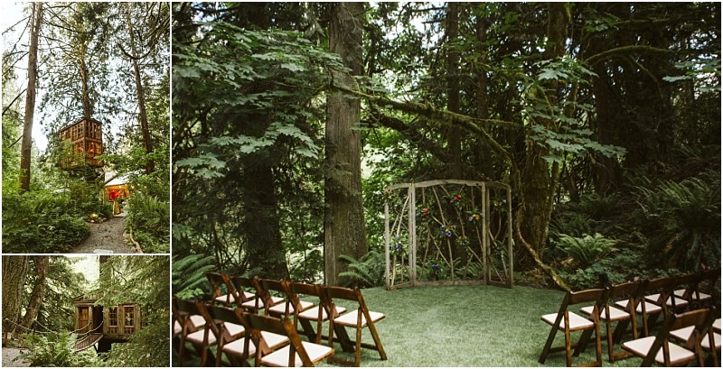 Premier snohomish & seattle wedding photographer | gsquared weddings photography a forest wedding venue near snohomish perfect for a seattle engagement features wooden chairs on grass before a rustic arch Treehouses nestle among tall trees along a winding path with lush greenery enveloping the serene setting | serving snohomish seattle                   & beyond
