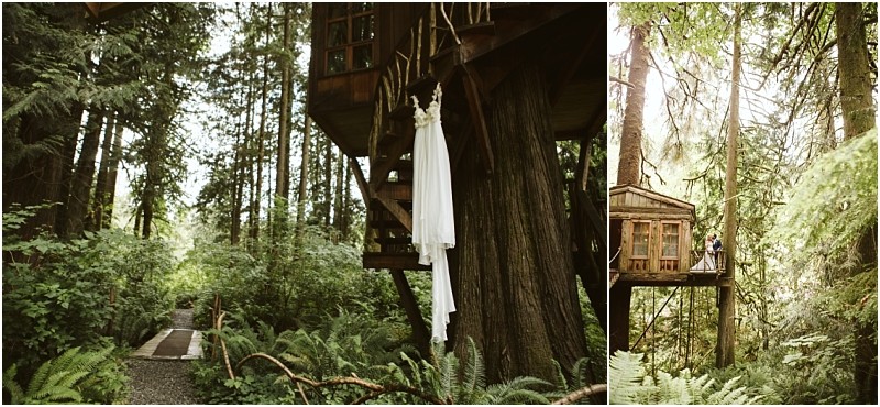 Premier snohomish & seattle wedding photographer | gsquared weddings photography a wedding dress hangs from a rustic treehouse in a lush green forest near snohomish on the right two people stand together on the treehouse balcony amid tall trees and ferns capturing a magical seattle wedding engagement moment | serving snohomish seattle                   & beyond