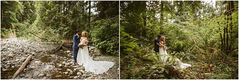 Premier snohomish & seattle wedding photographer | gsquared weddings photography a bride and groom stand together by a rocky creek in a lush green forest near snohomish surrounded by trees and ferns sharing an intimate moment on their seattle wedding day | serving snohomish seattle                   & beyond