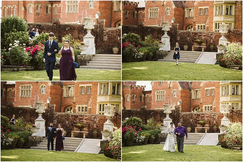 Premier snohomish & seattle wedding photographer | gsquared weddings photography four photos show people walking on a lawn outside a large ornate brick building near snohomish Some are dressed formally including one woman in a wedding dress surrounded by greenery and flowersa classic seattle wedding engagement scene | serving snohomish seattle                   & beyond