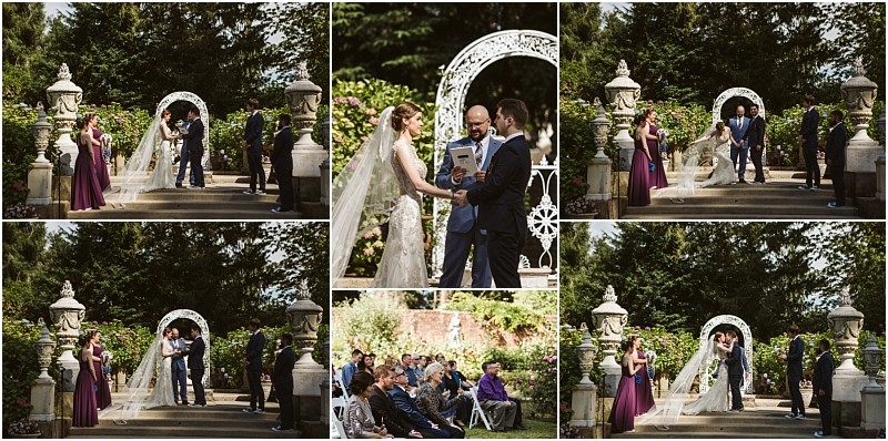 Premier snohomish & seattle wedding photographer | gsquared weddings photography a collage of six outdoor snohomish wedding ceremony photos shows a couple exchanging vows beside an ornate white arch with guests seated officiant speaking and trees and greenery in the background | serving snohomish seattle                   & beyond