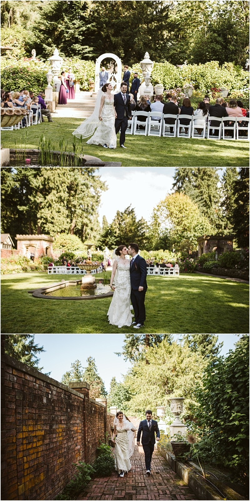 Premier snohomish & seattle wedding photographer | gsquared weddings photography a bride and groom walk together in a lush snohomish garden greeted by guests on white chairs They stroll by a fountain then laugh and run along a brick path surrounded by greenerya perfect seattle wedding moment | serving snohomish seattle                   & beyond