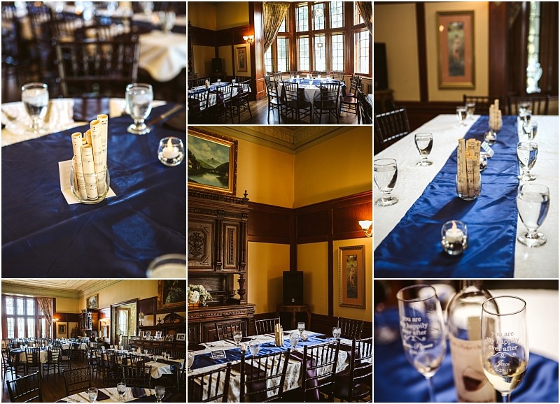 Premier snohomish & seattle wedding photographer | gsquared weddings photography collage of elegant dining tables set with blue runners glassware rolled paper scrolls and candles in a classic wood paneled roomperfect for a cozy snohomish or seattle wedding or engagement celebration | serving snohomish seattle                   & beyond