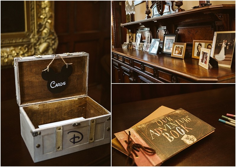 Premier snohomish & seattle wedding photographer | gsquared weddings photography a collage showing a wooden card box with a mickey mouse tag a snohomish wedding photo display on a sideboard and an our adventure book scrapbook with colored pencilsperfect inspiration for your seattle engagement or big day | serving snohomish seattle                   & beyond