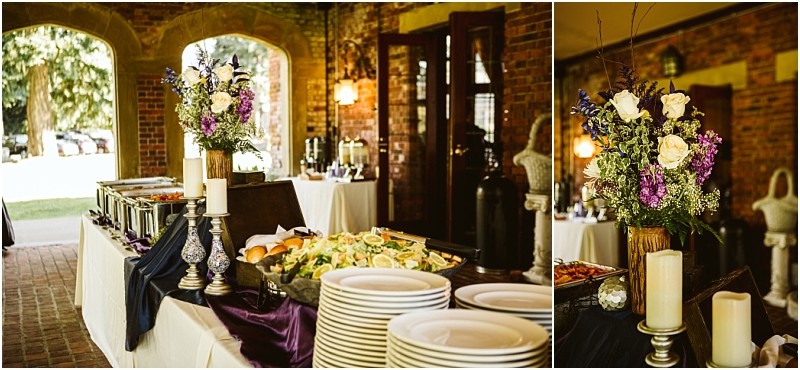 Premier snohomish & seattle wedding photographer | gsquared weddings photography a buffet table set for a snohomish wedding event featuring stacked white plates sandwiches chafing dishes with food candles and a floral arrangement all in a warmly lit room with brick walls and large windows | serving snohomish seattle                   & beyond