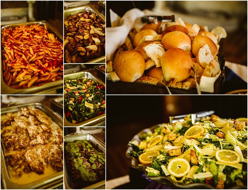 Premier snohomish & seattle wedding photographer | gsquared weddings photography a collage of buffet dishes perfect for a snohomish seattle wedding or engagement featuring pasta roasted potatoes bread rolls roasted vegetables seasoned chicken fish with herbs and a green salad topped with lemon slices and croutons | serving snohomish seattle                   & beyond