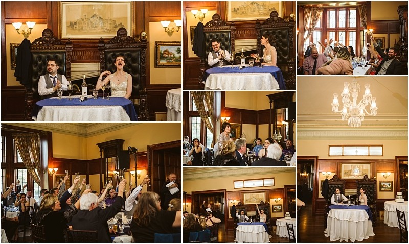 Premier snohomish & seattle wedding photographer | gsquared weddings photography a collage of snohomish wedding reception photos shows a bride and groom laughing and raising glasses with guests in a wood paneled banquet room celebrating Chandeliers and large windows create a warm seattle area ambiance | serving snohomish seattle                   & beyond