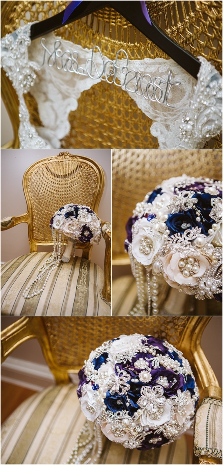 Premier snohomish & seattle wedding photographer | gsquared weddings photography a collage of bridal details a wedding dress on a hanger with mrs Deforest wire and a jeweled pearl and fabric flower bouquet resting on an ornate chairperfect inspiration for a snohomish seattle wedding or engagement | serving snohomish seattle                   & beyond