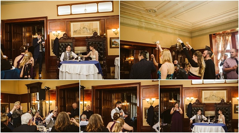 Premier snohomish & seattle wedding photographer | gsquared weddings photography a collage of snohomish wedding reception photos shows guests raising glasses in a toast a couple at a decorated table and people giving speeches in a warmly lit elegant room with wooden paneling and paintings | serving snohomish seattle                   & beyond