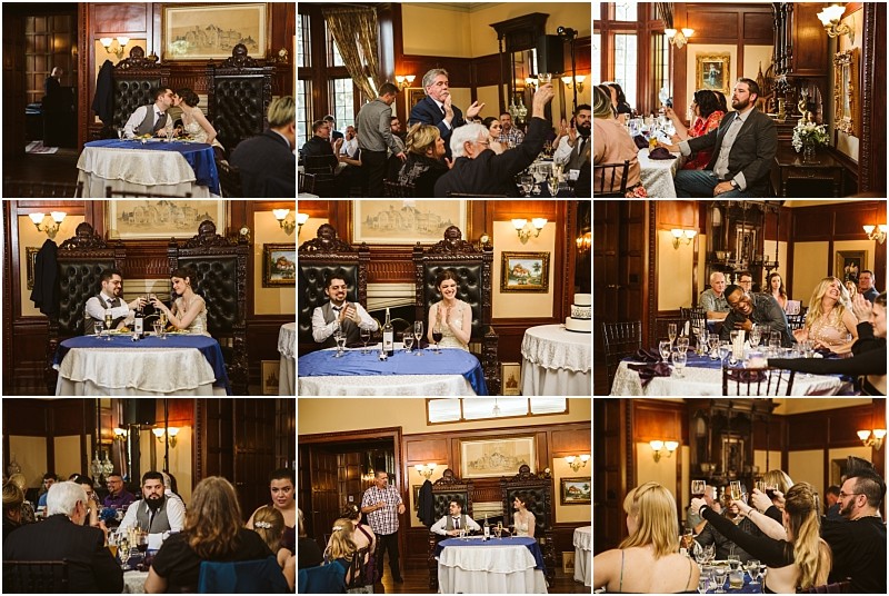 Premier snohomish & seattle wedding photographer | gsquared weddings photography a collage of snohomish wedding reception photos shows guests seated at tables a couple at a head table people making speeches toasting and enjoying the celebration in an elegant wood paneled room near seattle | serving snohomish seattle                   & beyond