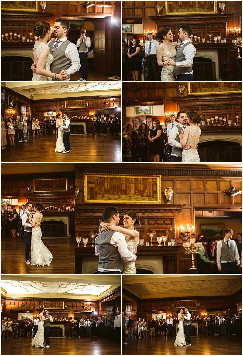Premier snohomish & seattle wedding photographer | gsquared weddings photography a couple shares their first dance in an ornate wood paneled ballroom at a snohomish seattle wedding surrounded by smiling guests The bride wears a lace gown the groom sports a vest and tie Candles and chandeliers provide warm light | serving snohomish seattle                   & beyond