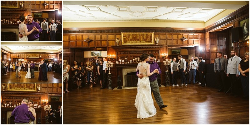Premier snohomish & seattle wedding photographer | gsquared weddings photography a bride and groom share their first dance in a wood paneled ballroom at their snohomish seattle wedding as guests watch three smaller photos capture joyful moments of their dance including smiles and embraces | serving snohomish seattle                   & beyond