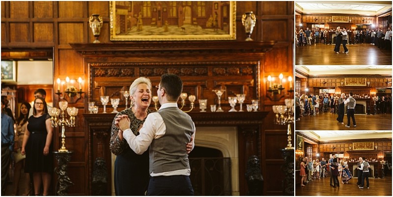 Premier snohomish & seattle wedding photographer | gsquared weddings photography a series of snohomish wedding reception photos show a joyous older woman and a younger man dancing in an elegant wood paneled room surrounded by guests watching and smiling | serving snohomish seattle                   & beyond