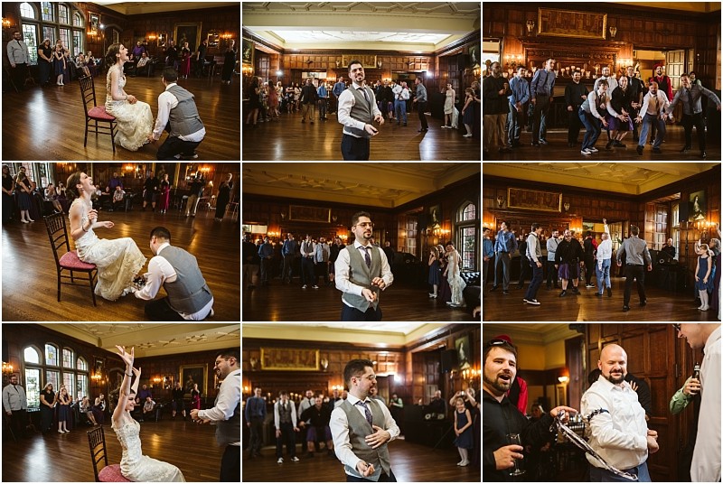 Premier snohomish & seattle wedding photographer | gsquared weddings photography a collage of nine photos captures a joyful snohomish wedding reception garter toss The bride sits while the groom removes her garter then tosses it to eager guests in a wood paneled hall near seattle | serving snohomish seattle                   & beyond