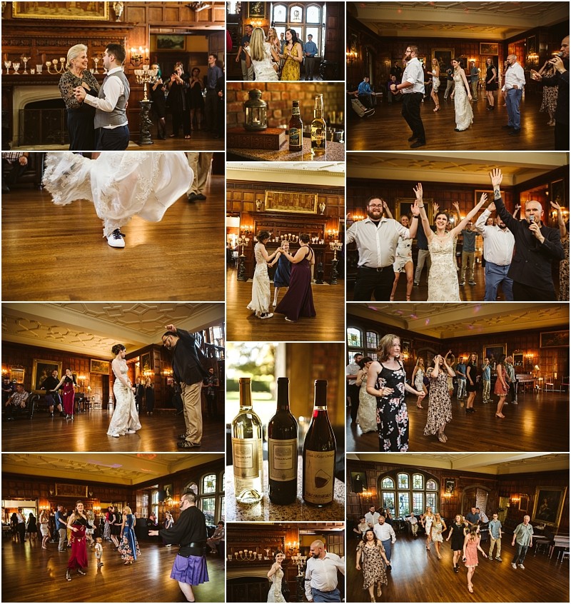 Premier snohomish & seattle wedding photographer | gsquared weddings photography a collage of snohomish wedding reception photos shows guests dancing laughing and celebrating in a wood paneled hall with large windows chandeliers and bottles of wine The bride and groom join in the lively festivities near seattle | serving snohomish seattle                   & beyond