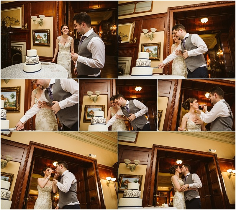 Premier snohomish & seattle wedding photographer | gsquared weddings photography a bride and groom cut and share their wedding cake in a warmly lit elegant room at their snohomish seattle wedding smiling and feeding each other pieces in a joyful affectionate series of moments | serving snohomish seattle                   & beyond