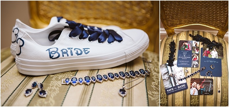 Premier snohomish & seattle wedding photographer | gsquared weddings photography a white sneaker with bride written on it navy ribbon laces and blue jewelry sits on a gold chair beside it wedding invitations and engagement photos are arrangedcapturing a touch of snohomish seattle wedding style | serving snohomish seattle                   & beyond