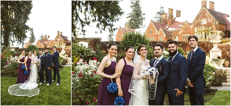 Premier snohomish & seattle wedding photographer | gsquared weddings photography a bride and groom pose with their wedding party outdoors in front of a large elegant brick mansion Capturing this joyful snohomish seattle wedding the group stands together on a green lawn smiling at the camera | serving snohomish seattle                   & beyond