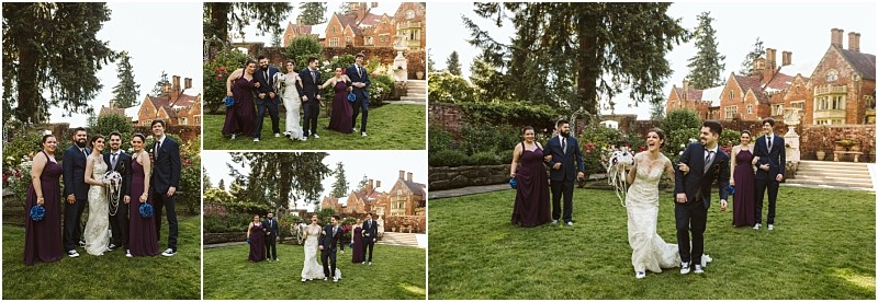 Premier snohomish & seattle wedding photographer | gsquared weddings photography four photos capture a snohomish wedding party posing and walking on a green lawn before a historic brick mansion with tall trees in the background The group wears formal attire in cream and dark purple celebrating near seattle | serving snohomish seattle                   & beyond