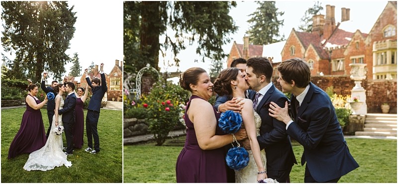 Premier snohomish & seattle wedding photographer | gsquared weddings photography a wedding party stands on grass near a historic brick mansion The bride and groom celebrating their snohomish seattle wedding laugh and embrace with bridesmaids and groomsmen in purple and navy attire enjoying the joyful outdoor moment | serving snohomish seattle                   & beyond