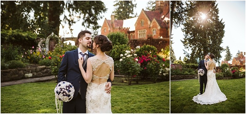 Premier snohomish & seattle wedding photographer | gsquared weddings photography a bride and groom stand in a garden near a large brick mansion in snohomish embracing and gazing at each other The bride wears a lacy backless gown the groom is in a navy suit Flowers complete this romantic seattle wedding scene | serving snohomish seattle                   & beyond