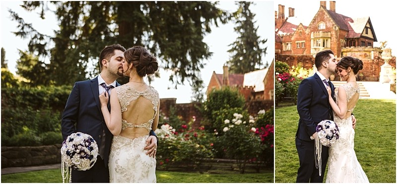 Premier snohomish & seattle wedding photographer | gsquared weddings photography a bride in a lacy gown with an open back embraces and kisses a groom in a navy suit outside surrounded by lush greenery and flowers during their romantic snohomish seattle wedding with a historic brick building in the background | serving snohomish seattle                   & beyond