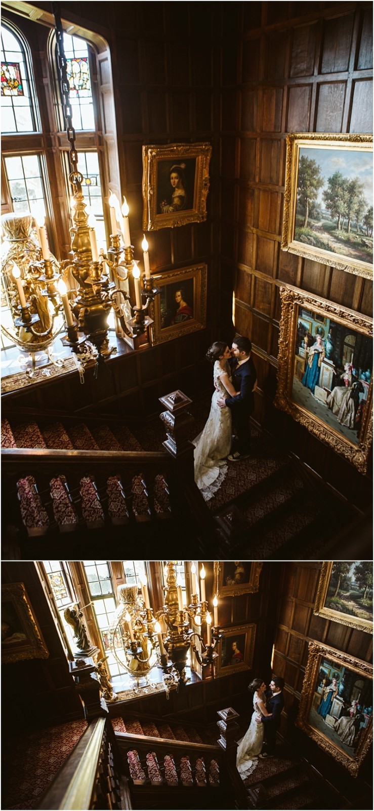 Premier snohomish & seattle wedding photographer | gsquared weddings photography a couple in wedding attire embrace on a grand wooden staircase in an ornate room with chandeliers and classical paintings capturing a timeless snohomish seattle wedding moment | serving snohomish seattle                   & beyond