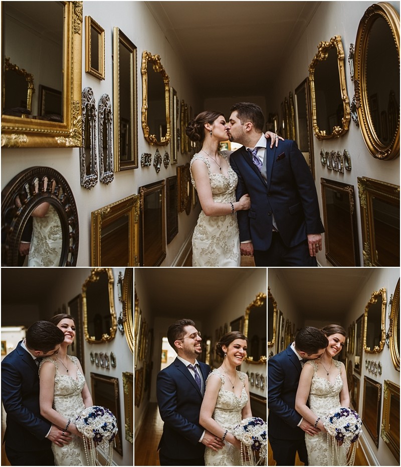 Premier snohomish & seattle wedding photographer | gsquared weddings photography a bride and groom dressed elegantly pose and laugh together in a hallway lined with ornate mirrors and blue and white china plates capturing joyful snohomish wedding moments in several photos | serving snohomish seattle                   & beyond