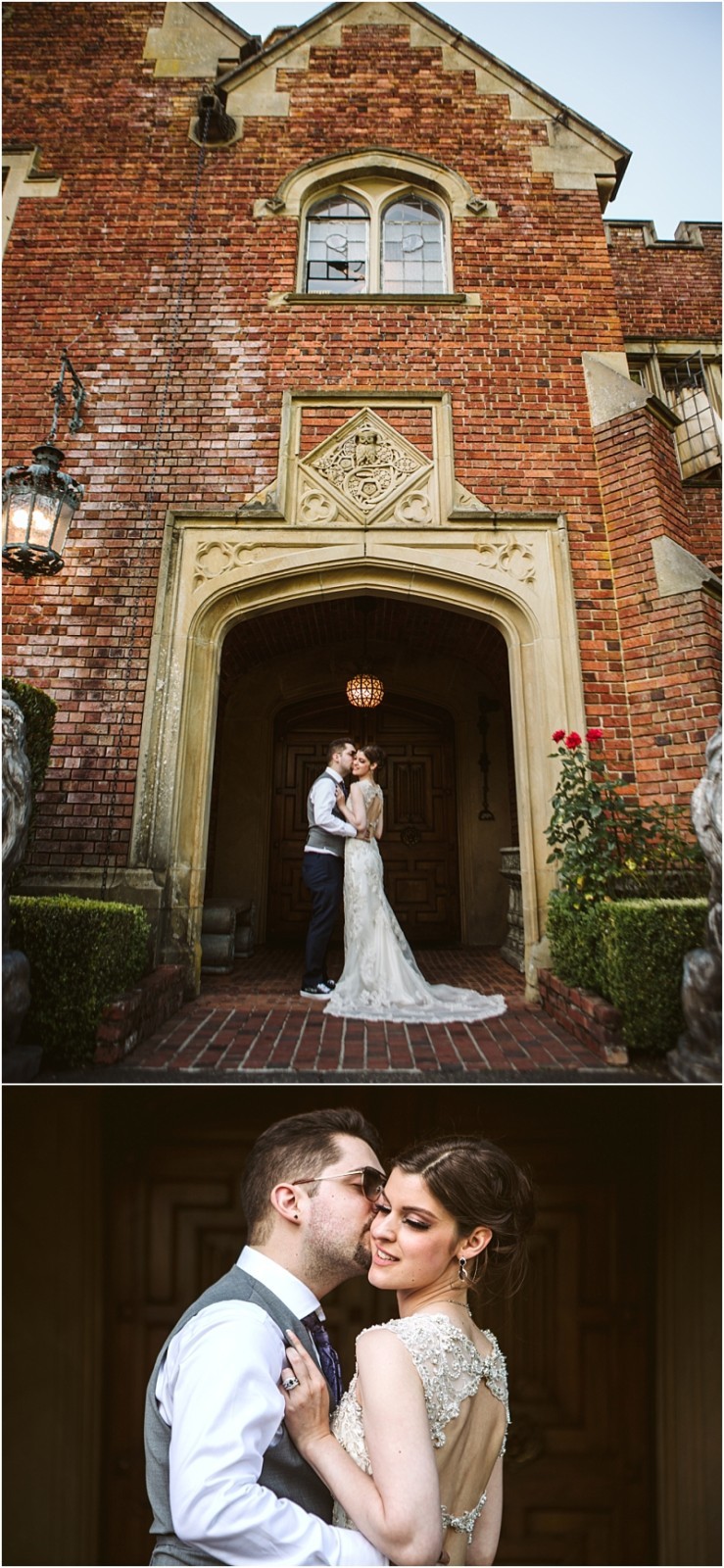 Premier snohomish & seattle wedding photographer | gsquared weddings photography a couple in wedding attire stands close together under the stone archway of a large brick building sharing an intimate moment and smiling lovinglycapturing the charm of a snohomish seattle wedding engagement | serving snohomish seattle                   & beyond
