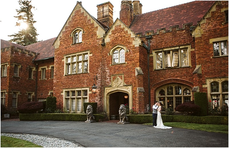 Thornewood castle wedding bride and groom in front of the castle