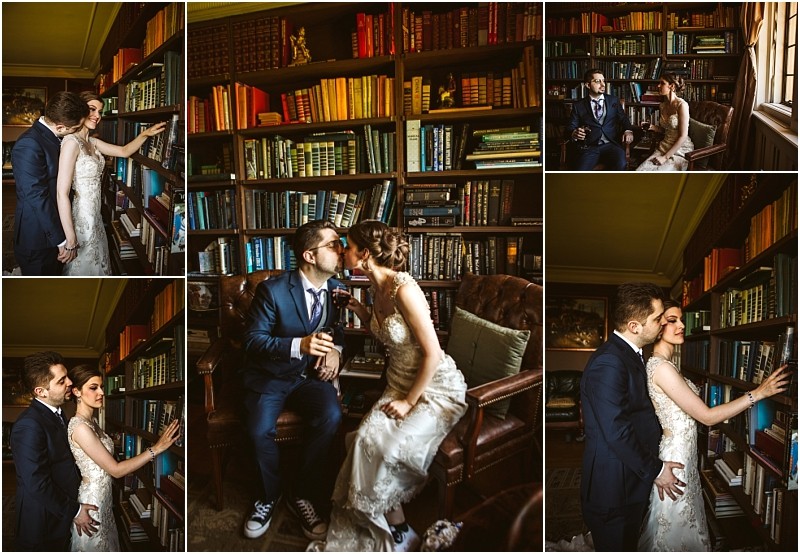 Premier snohomish & seattle wedding photographer | gsquared weddings photography a snohomish couple in formal attire share intimate moments in a cozy library near seattle surrounded by colorful books they are seen reading sitting talking and kissing during their wedding engagement session | serving snohomish seattle                   & beyond