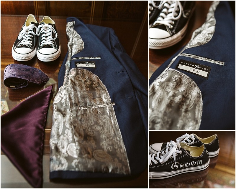 Premier snohomish & seattle wedding photographer | gsquared weddings photography a collage captures a navy suit jacket with paisley lining a purple tie and pocket square and black converse sneakersone pair plain the other marked groomperfect for a stylish snohomish seattle wedding engagement | serving snohomish seattle                   & beyond