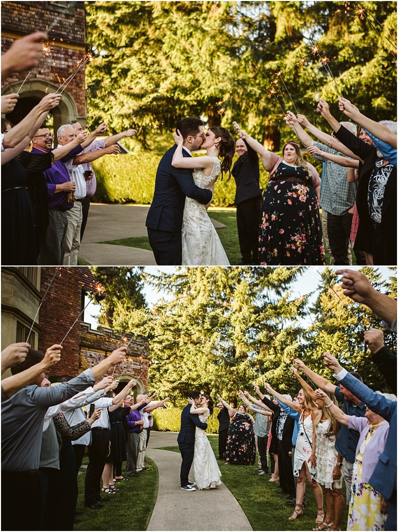Premier snohomish & seattle wedding photographer | gsquared weddings photography two wedding photos a newlywed couple kisses and embraces outdoors at their snohomish seattle wedding surrounded by guests in two lines holding sparklers The green sunny setting features trees and brick buildings in the background | serving snohomish seattle                   & beyond
