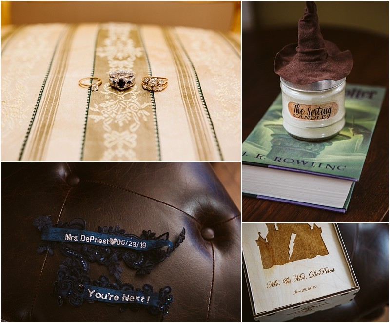 Premier snohomish & seattle wedding photographer | gsquared weddings photography a collage of snohomish wedding details rings on striped fabric a candle with a wizard hat atop stacked books embroidered name tags and a wooden box with a castle and wedding date engraved Perfect inspiration for your seattle engagement | serving snohomish seattle                   & beyond