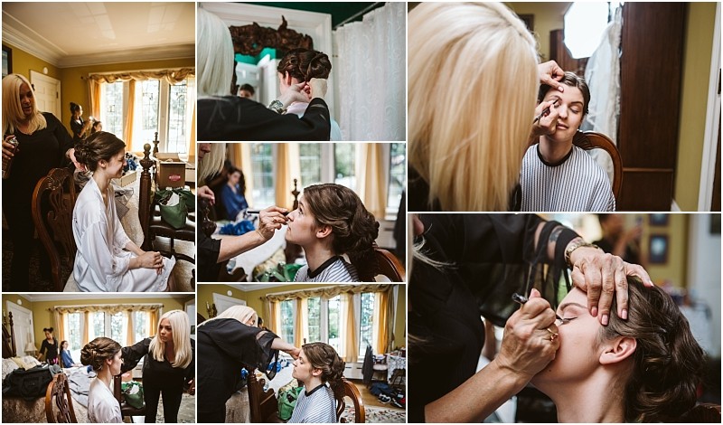 Premier snohomish & seattle wedding photographer | gsquared weddings photography a collage of images shows a woman having her hair styled and makeup done by a stylist in a well lit room with large windows and yellow curtains preparing for her snohomish seattle wedding or engagement | serving snohomish seattle                   & beyond