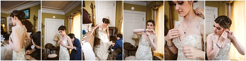 Premier snohomish & seattle wedding photographer | gsquared weddings photography a bride in a lace wedding dress is helped by others as she gets ready putting on jewelry and earrings in a warmly lit snohomish bedroom with yellow curtains before her seattle wedding | serving snohomish seattle                   & beyond