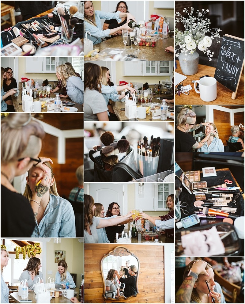 Premier snohomish & seattle wedding photographer | gsquared weddings photography collage of women enjoying a makeup and beauty session together featuring makeup tools flowers drinks a relax & enjoy sign and group moments in a cozy snohomish homeperfect for seattle wedding or engagement inspiration | serving snohomish seattle                   & beyond